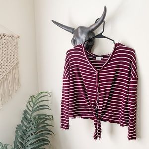 Maroon Ribbed Tie-Front Top